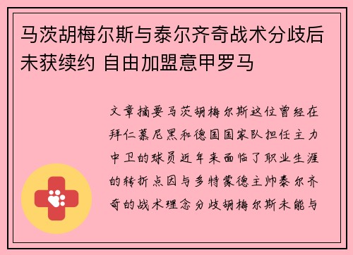 马茨胡梅尔斯与泰尔齐奇战术分歧后未获续约 自由加盟意甲罗马